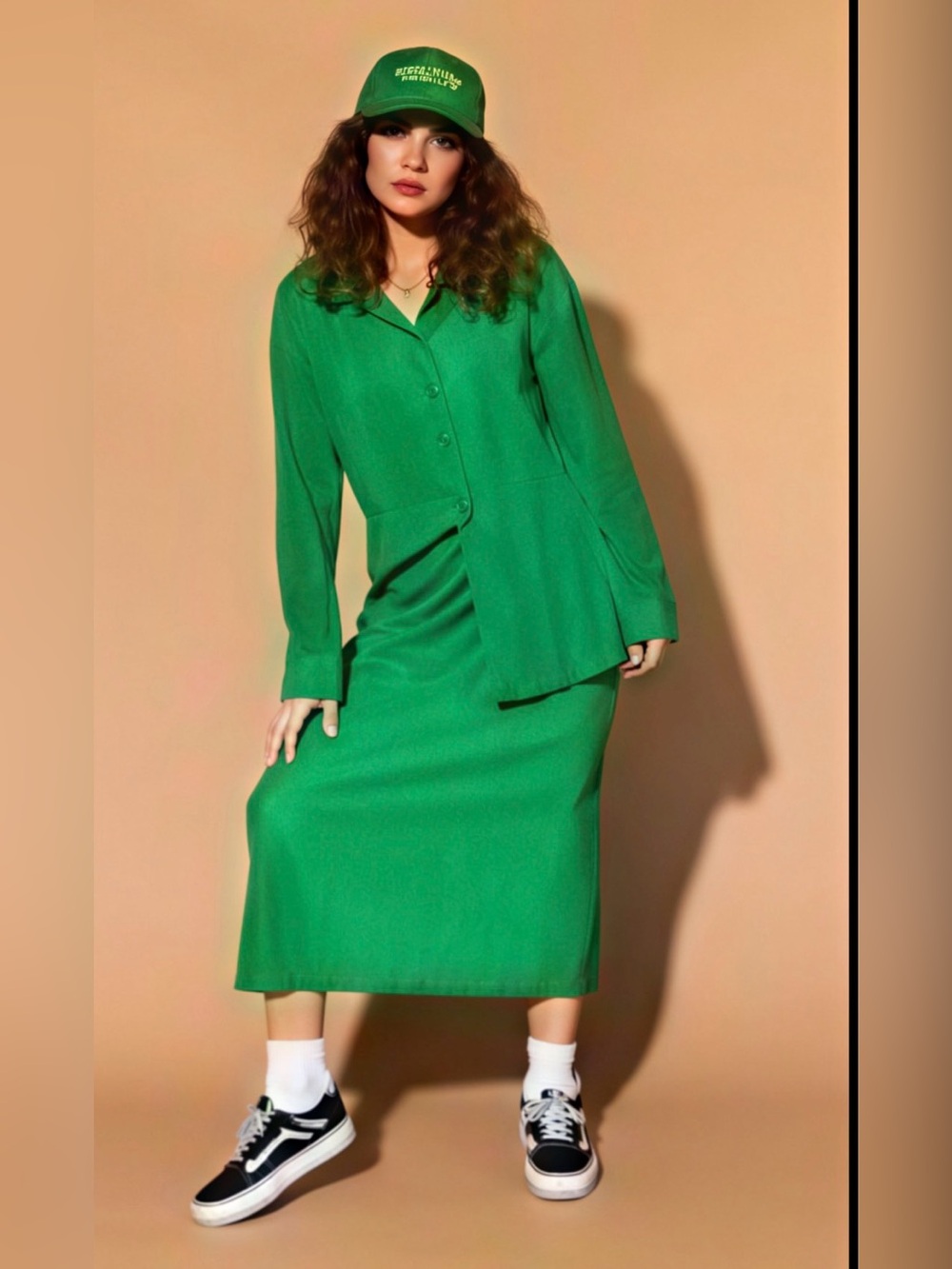 Dressed in LALA Girl Talk Plisse Top and Skirt Set in Green